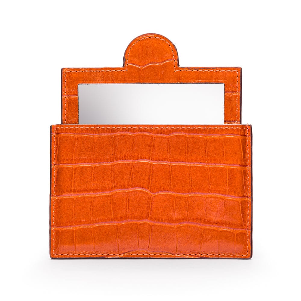 Compact leather mirror, orange croc