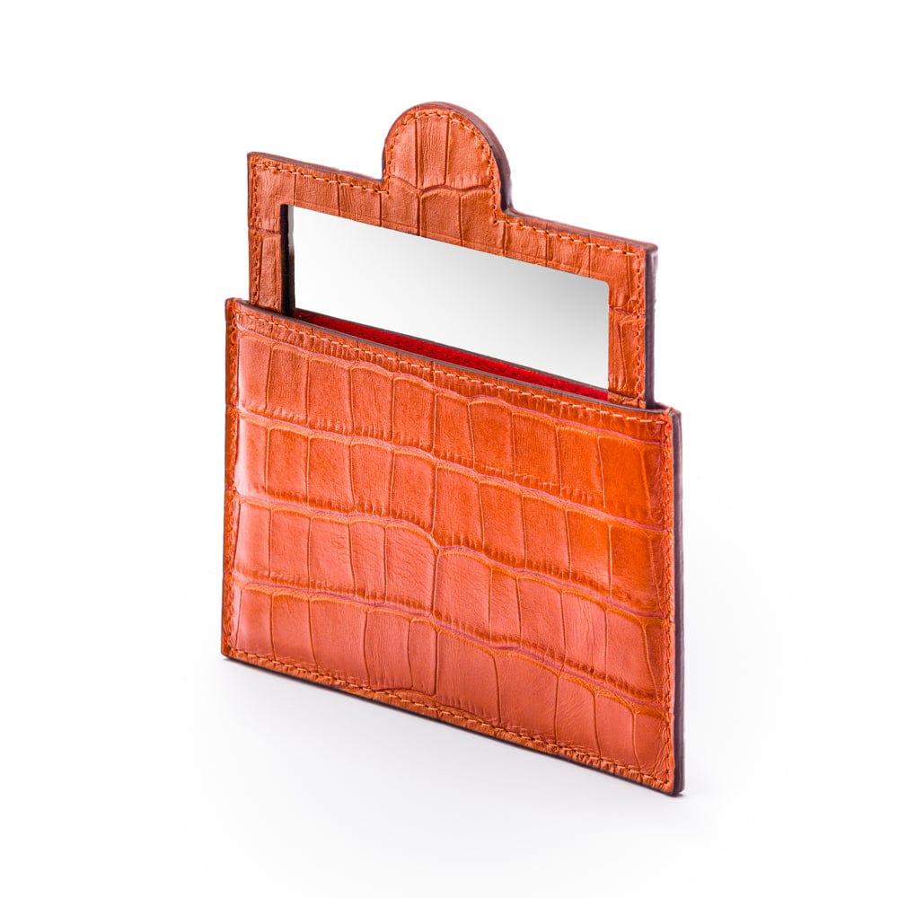 Compact leather mirror, orange croc, side