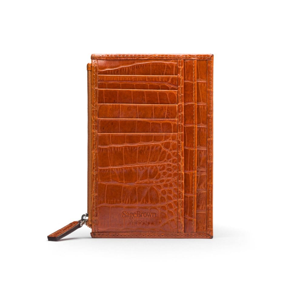 Flat leather card wallet with jotter and zip, orange croc, back