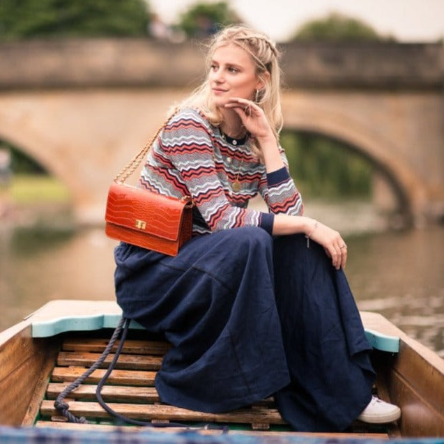 Leather chain bag, orange croc, lifestyle