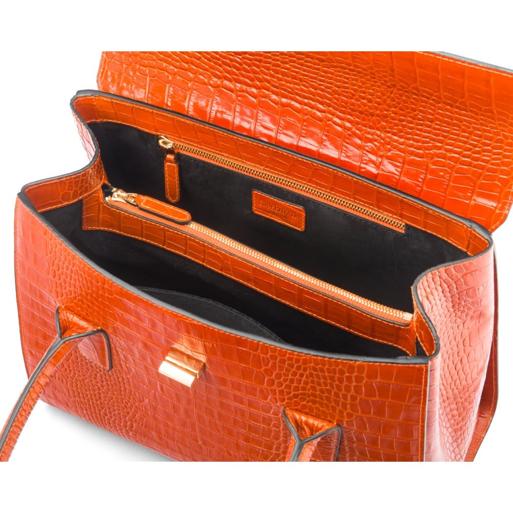 Large leather Morgan bag, orange croc, inside view