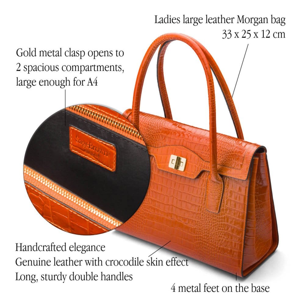 Large leather Morgan bag, orange croc, features
