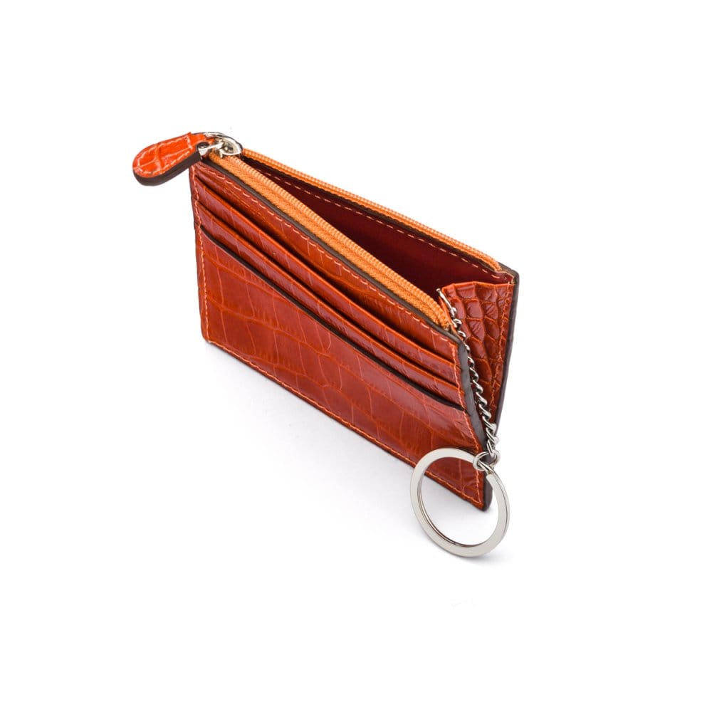 Leather card case with zip coin purse and key chain, orange croc, open