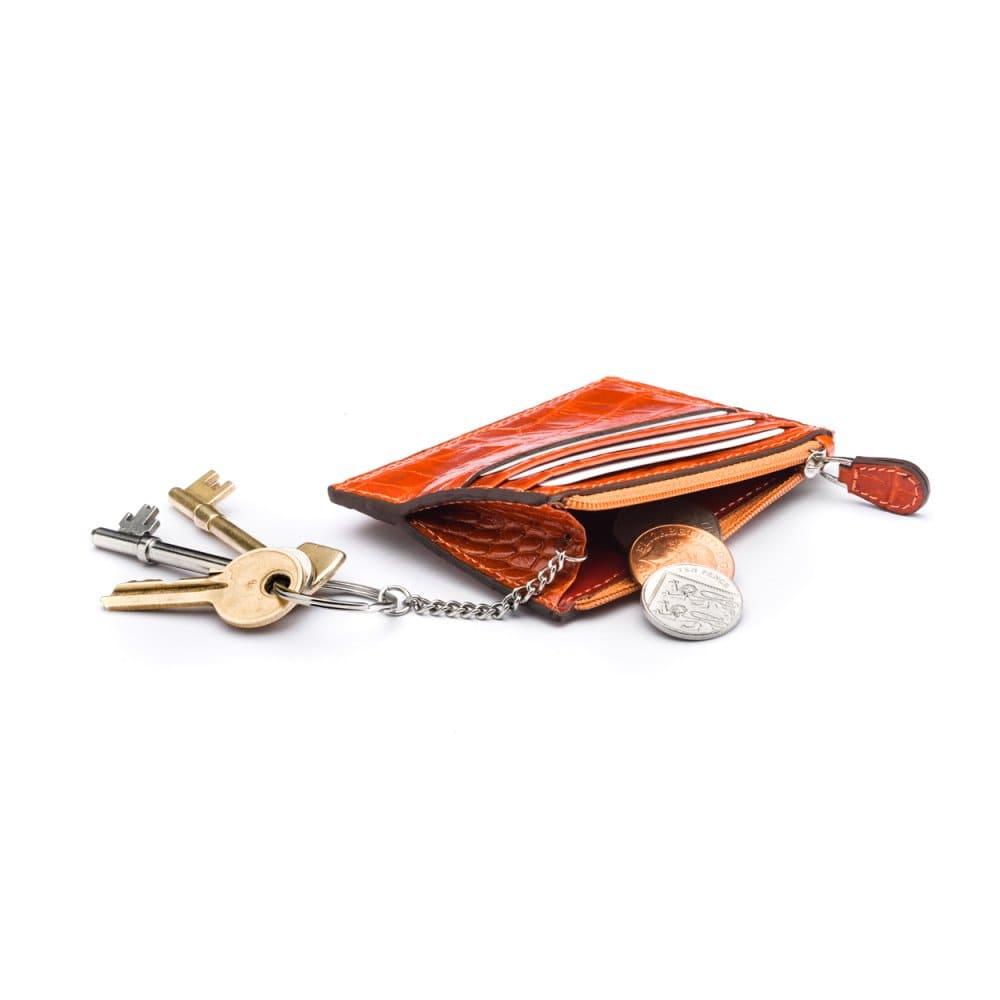 Leather card case with zip coin purse and key chain, orange croc, inside