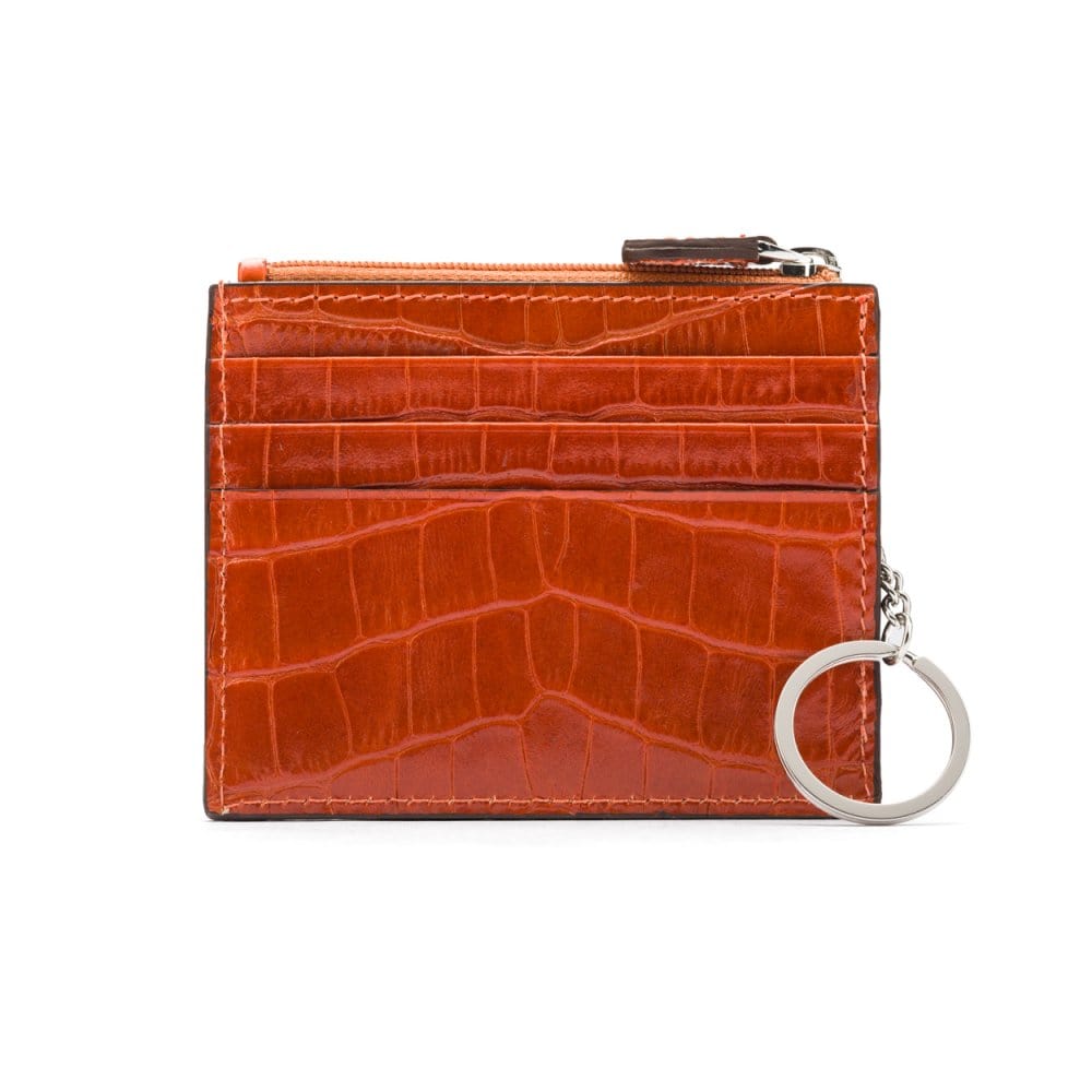 Leather card case with zip coin purse and key chain, orange croc, front