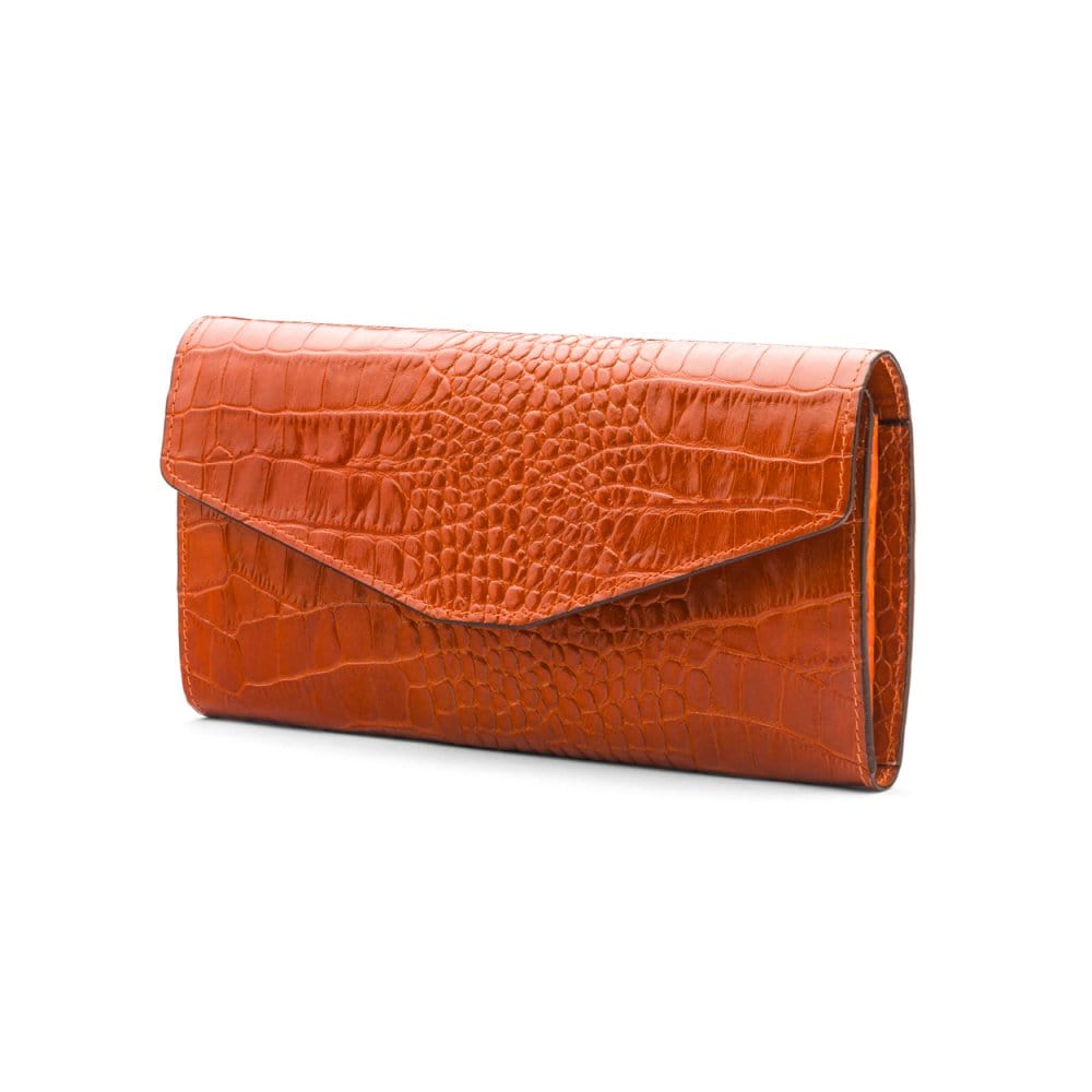 Leather accordion clutch purse with 12 card slots, orange croc, front