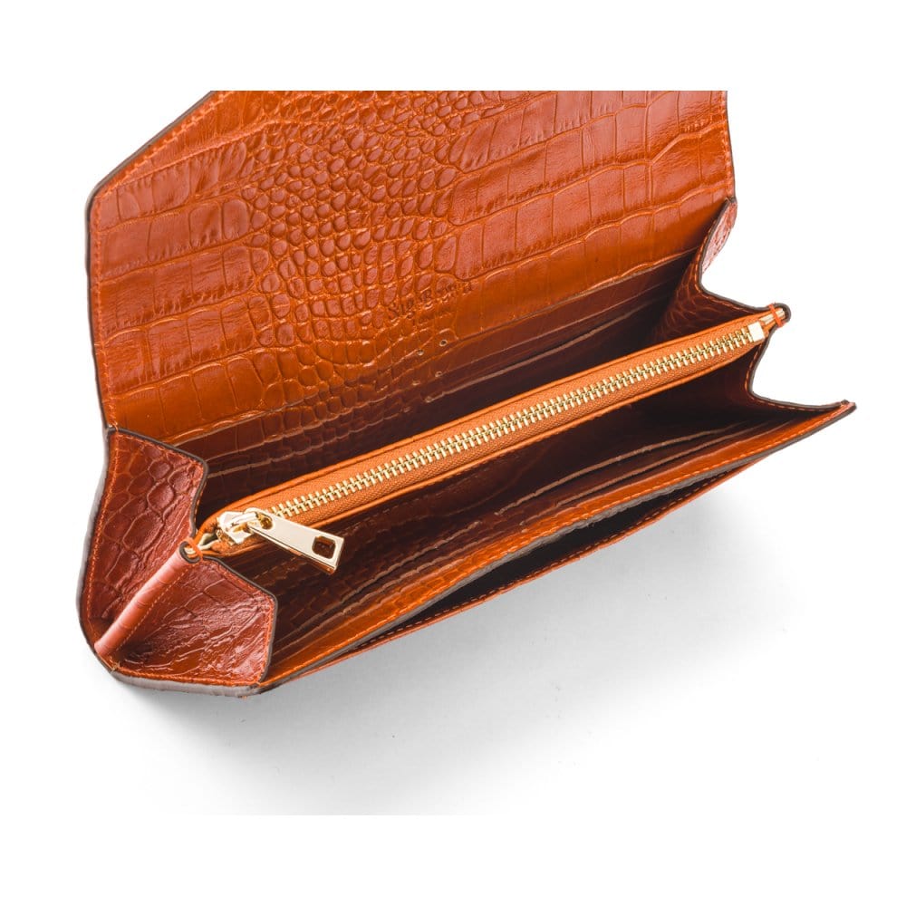 Leather accordion clutch purse with 12 card slots, orange croc, inside