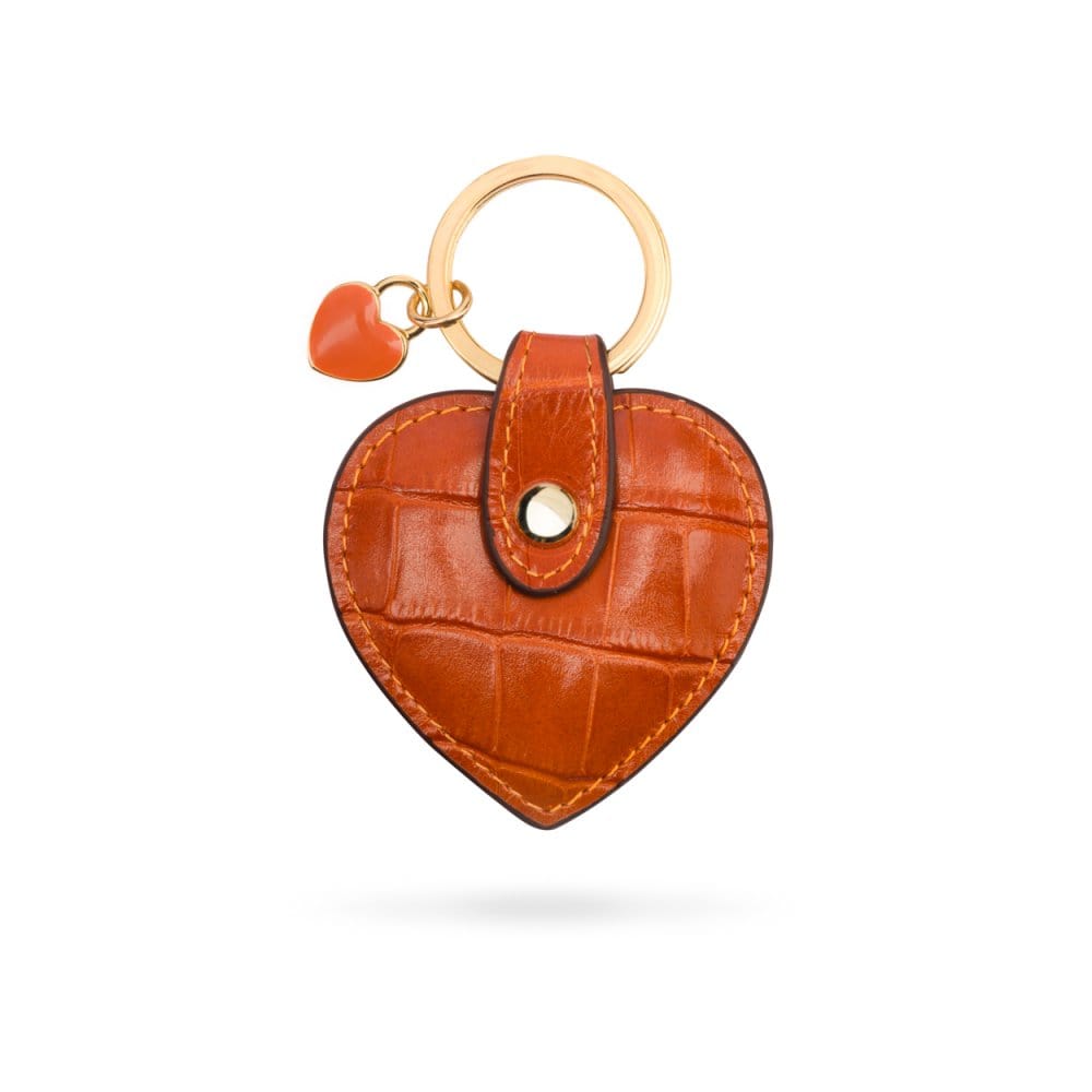 Leather heart shaped key ring, orange croc, front