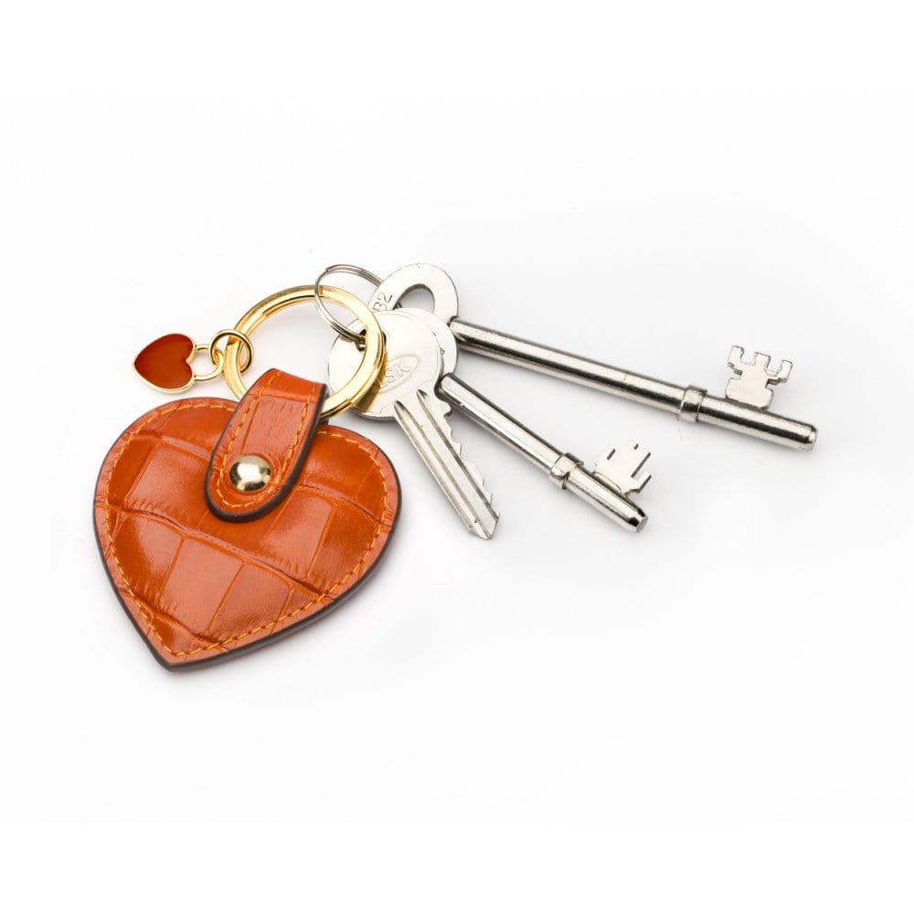 Leather heart shaped key ring, orange croc