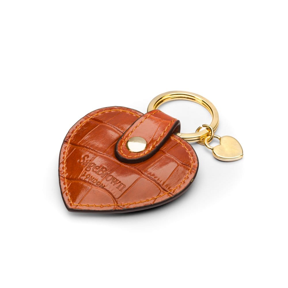 Leather heart shaped key ring, orange croc, back