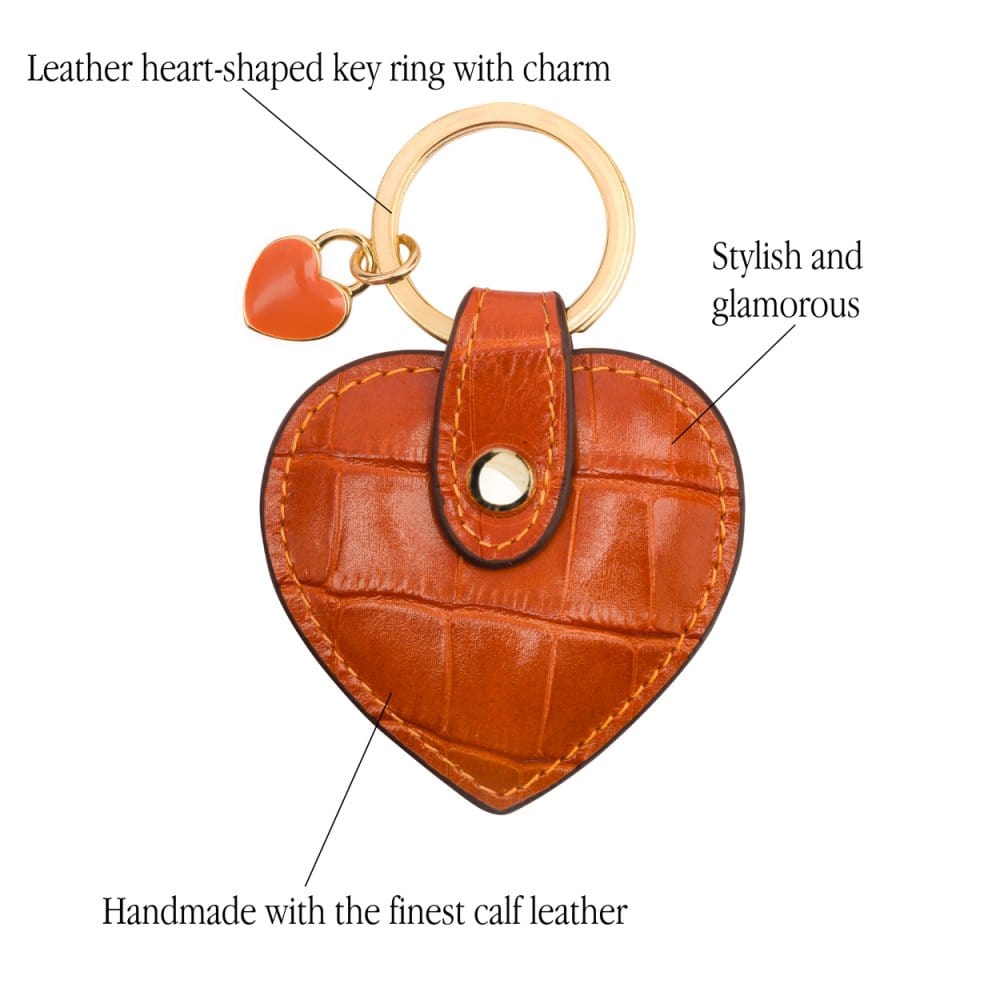 Leather heart shaped key ring, orange croc, features