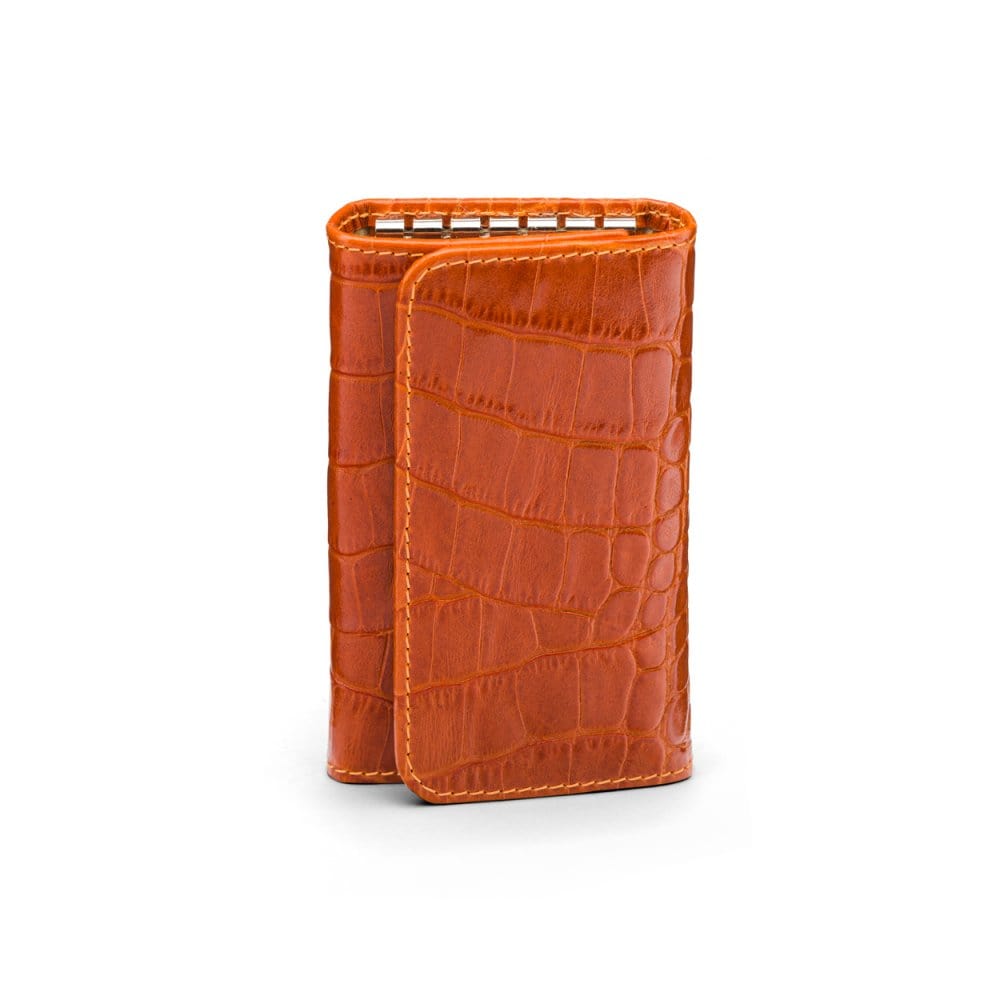 Key wallet with detachable key fob, orange croc, front