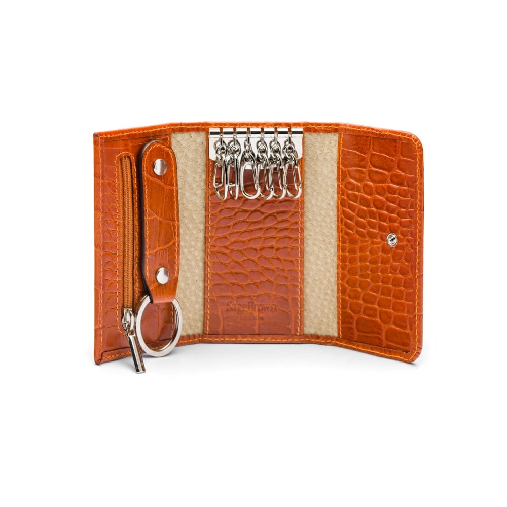 Key wallet with detachable key fob, orange croc, inside