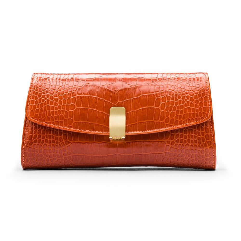 Leather clutch bag, orange croc, front view