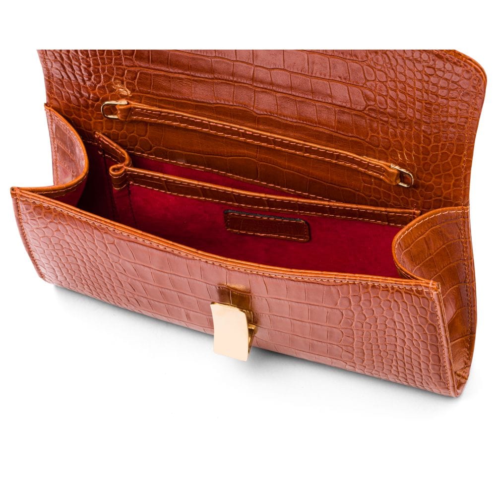 Leather clutch bag, orange croc, inside view