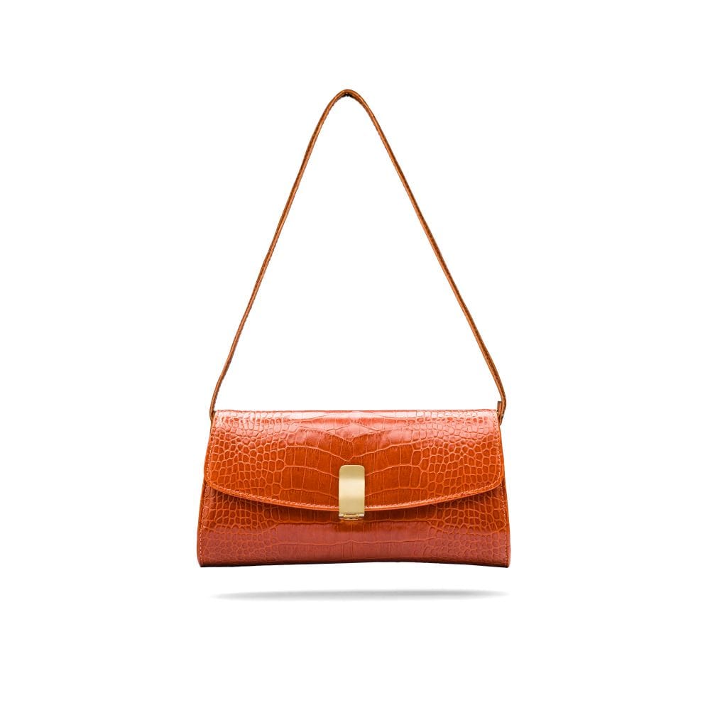 Leather clutch bag, orange croc, short strap