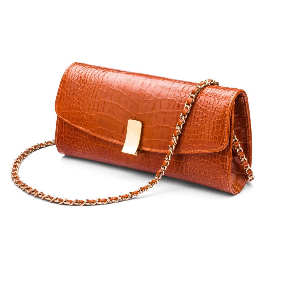 Leather clutch bag, orange croc, long chain strap