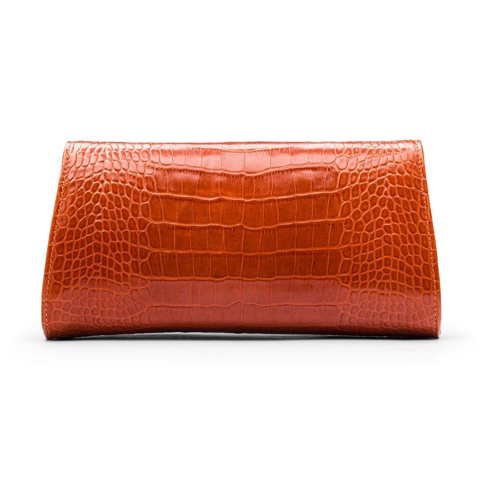 Leather clutch bag, orange croc, back view