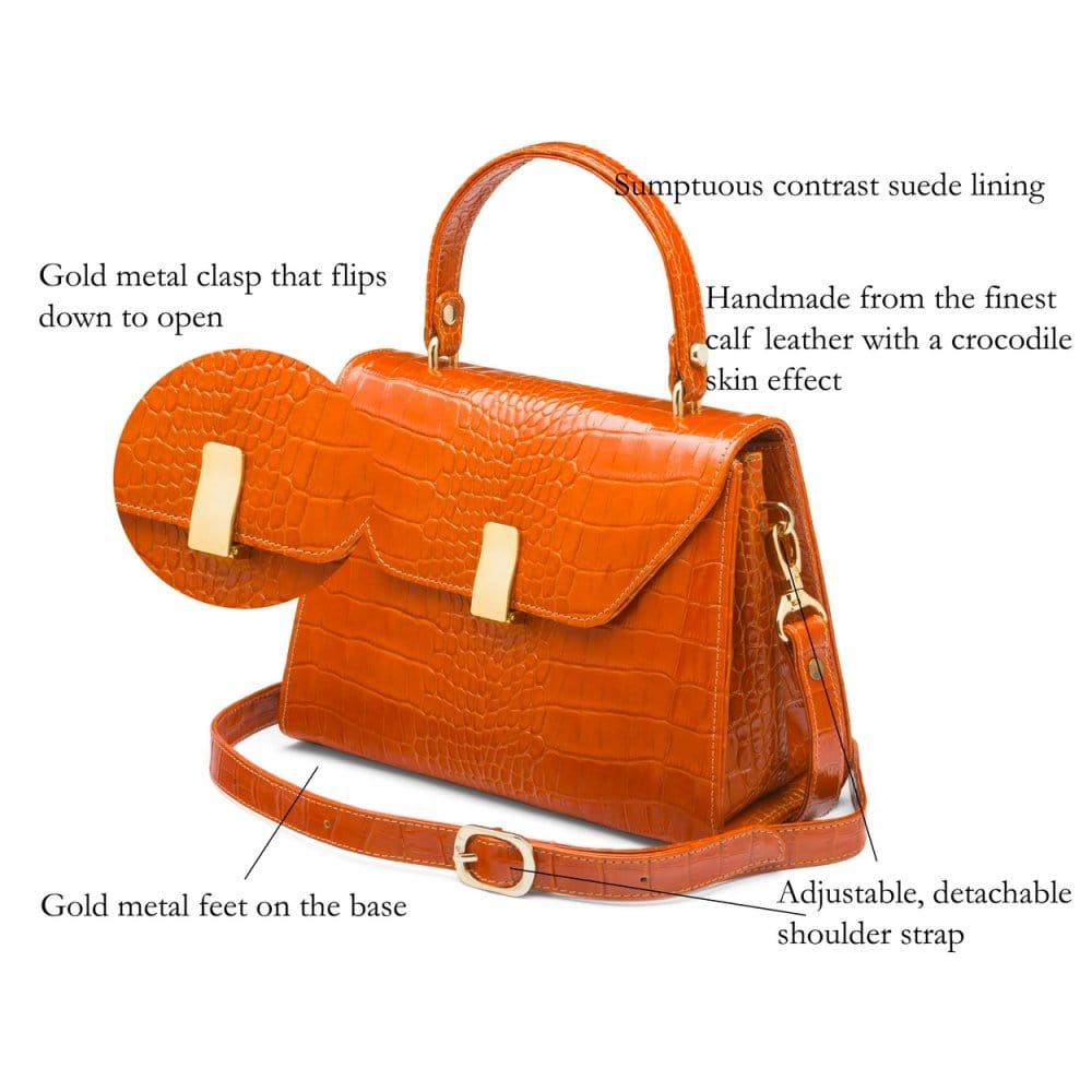 Leather top handle bag, orange croc, details