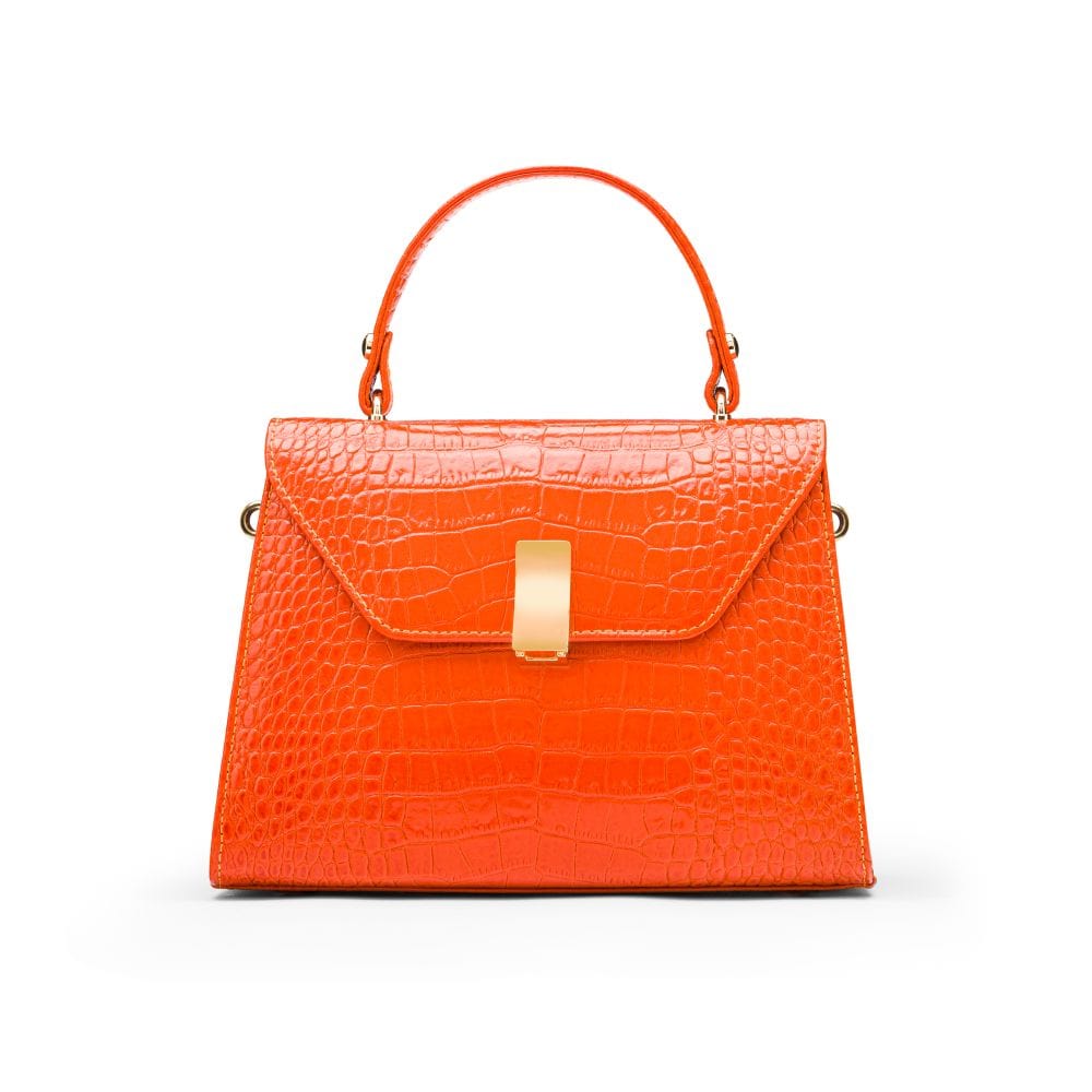 Leather top handle bag, orange croc, front view