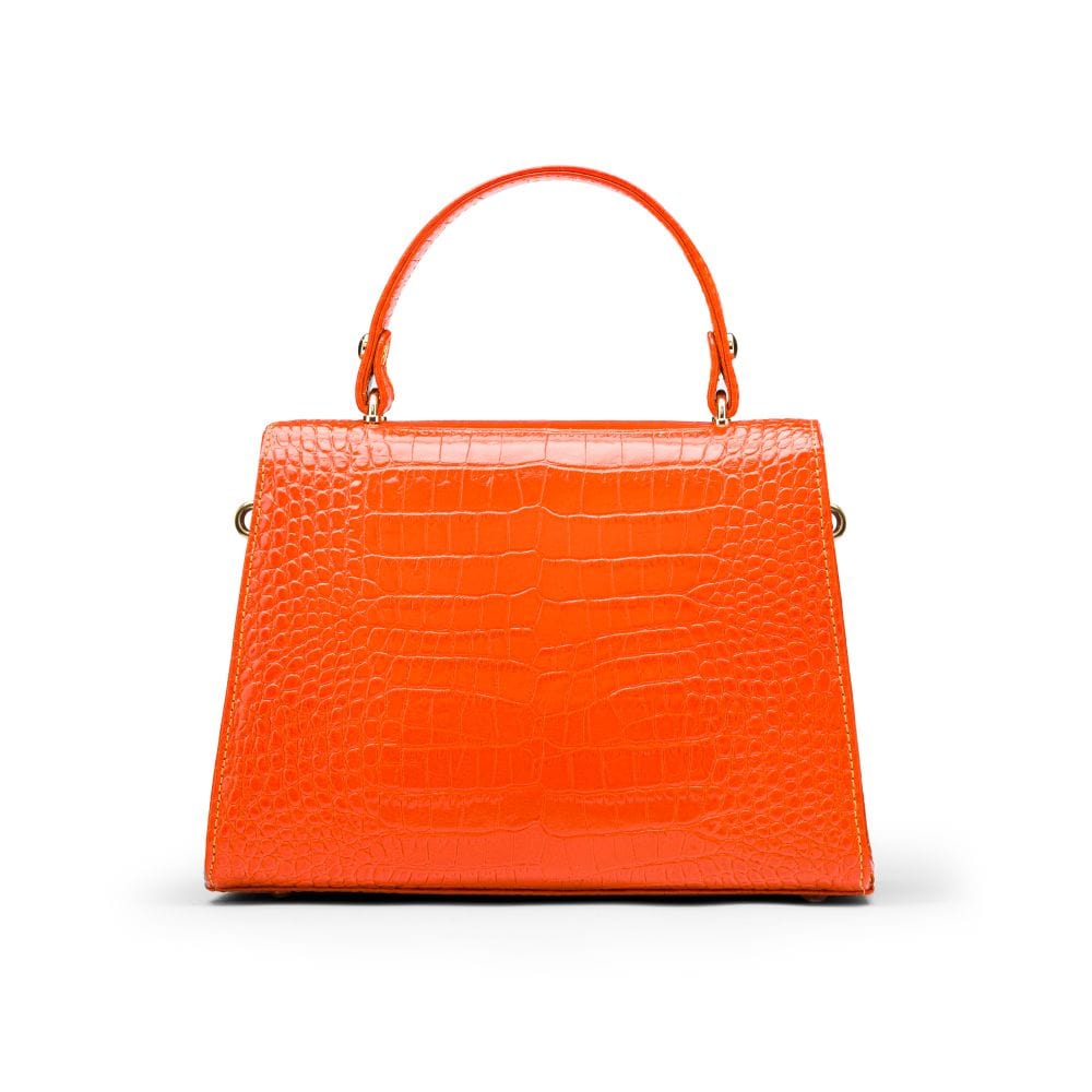 Leather top handle bag, orange croc, back view