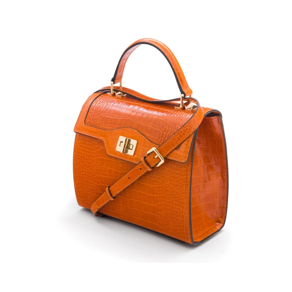 Leather signature Morgan bag, orange croc, side view