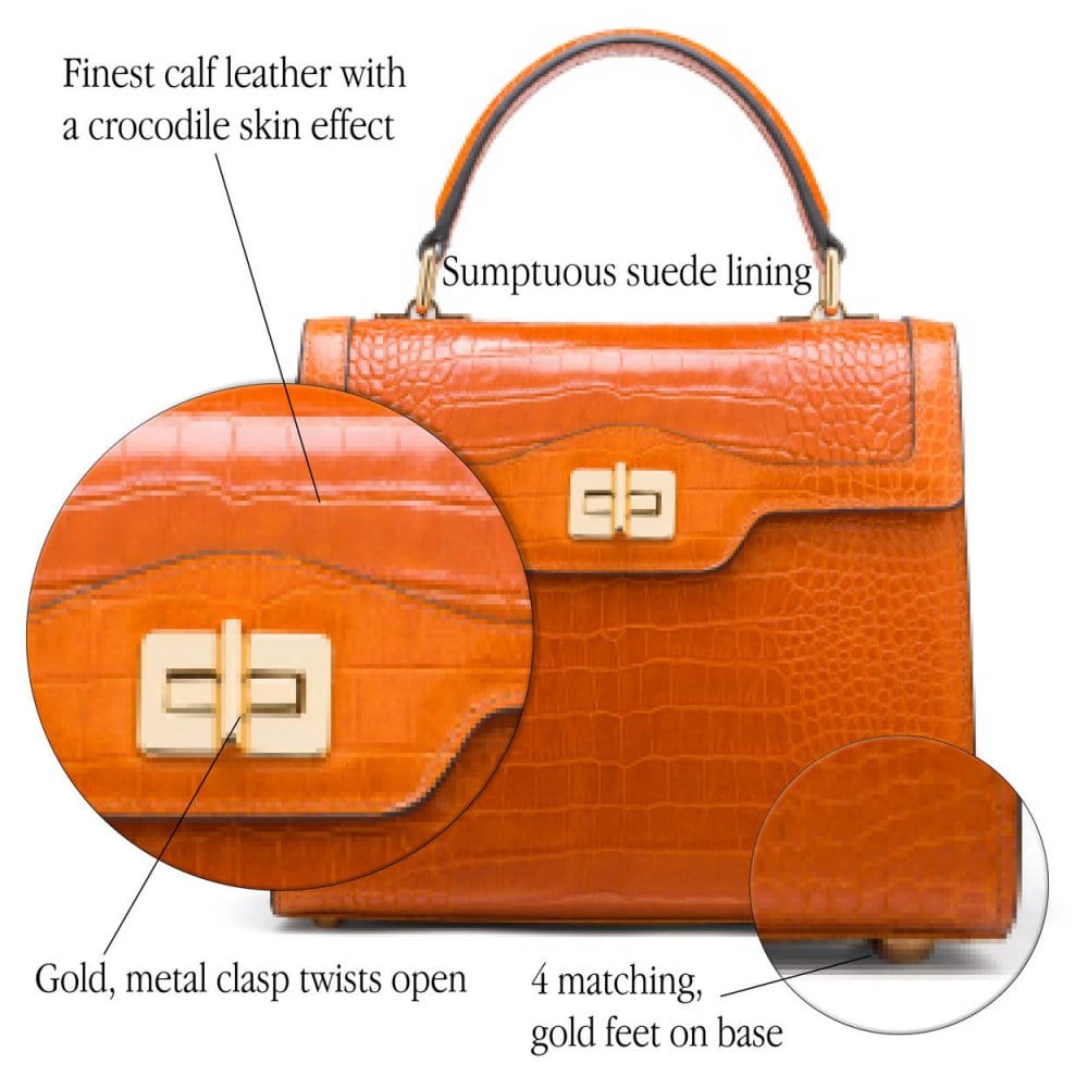 Leather signature Morgan bag, orange croc, features