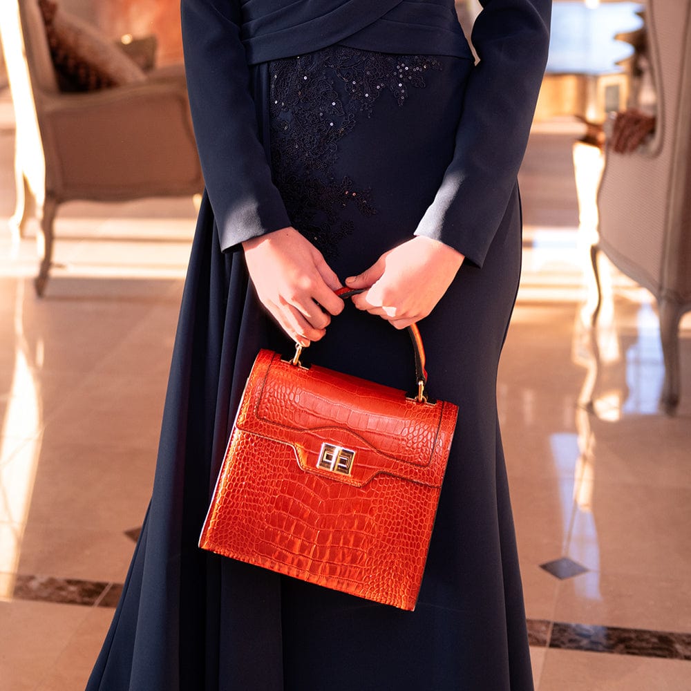 Leather signature Morgan bag, orange croc, lifestyle