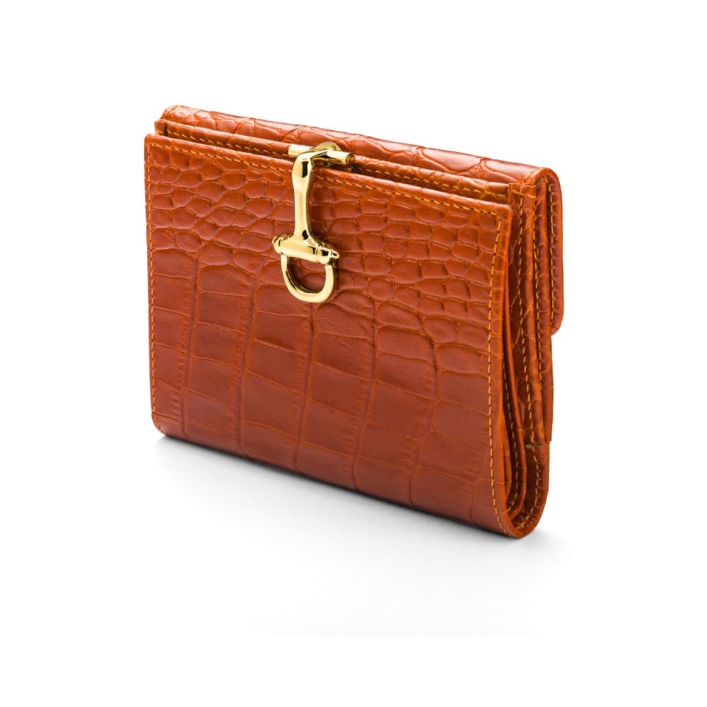 Leather purse with brass clasp, orange croc, front view
