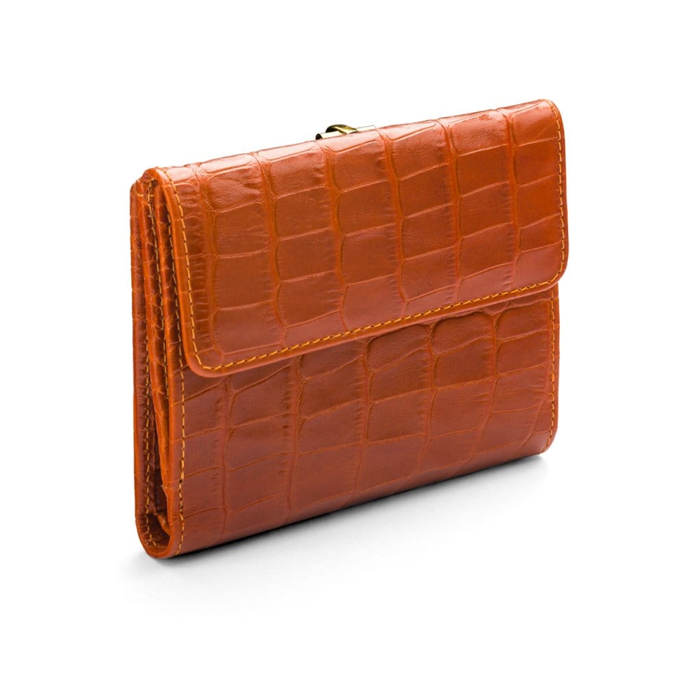 Leather purse with brass clasp, orange croc, back