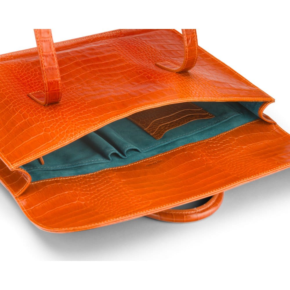 Leather music bag, orange croc, inside