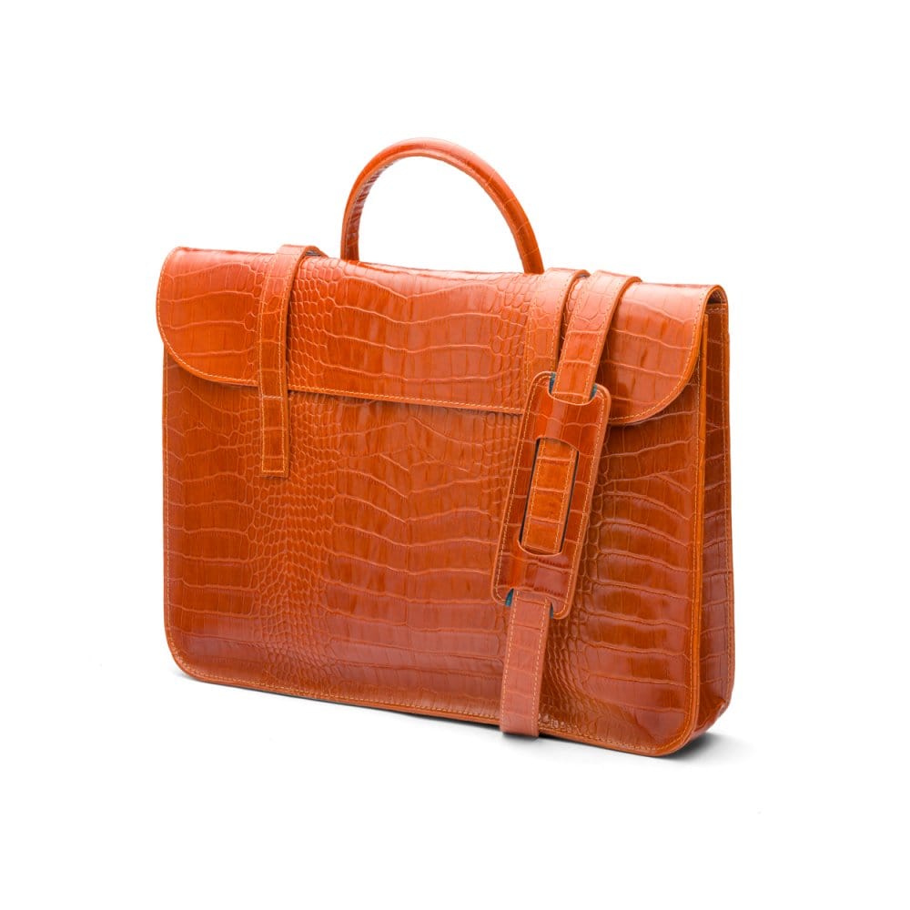 Leather music bag, orange croc, side