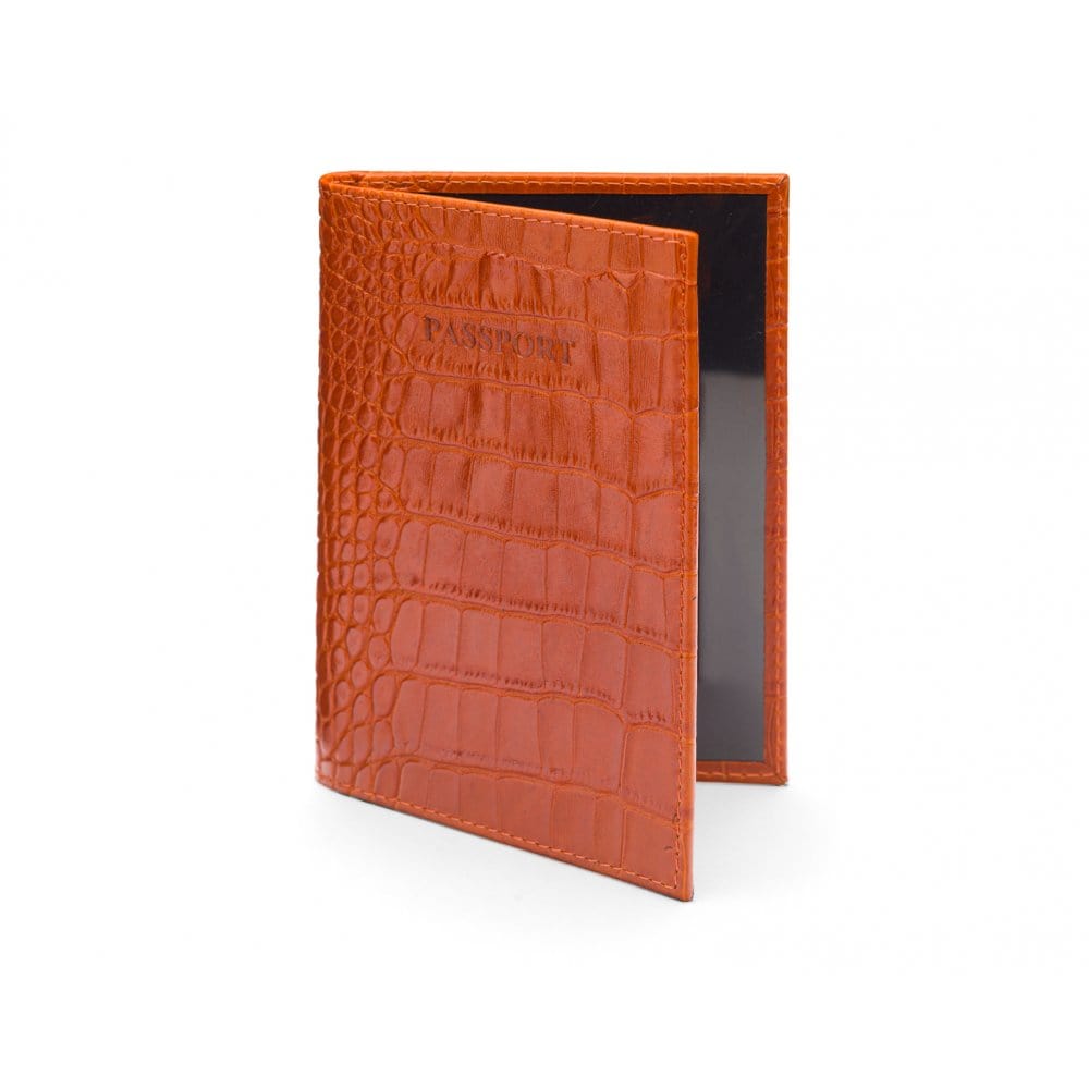 Luxury leather passport cover, orange croc, front