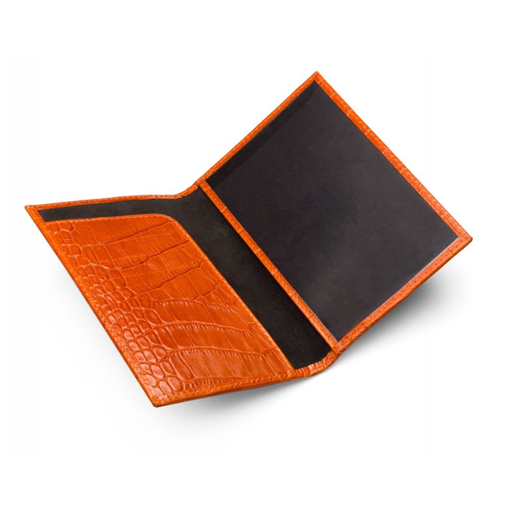 Luxury leather passport cover, orange croc, open