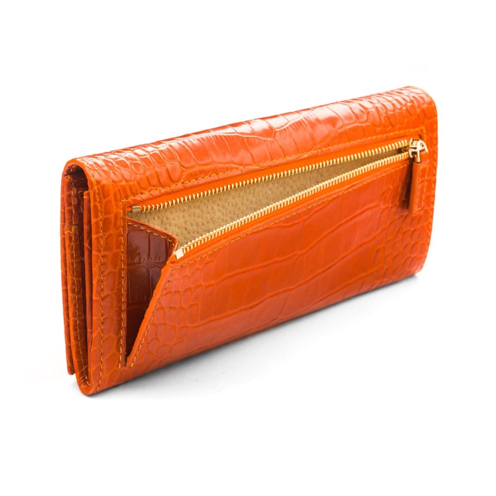 Leather Mayfair concertina purse, orange croc, back