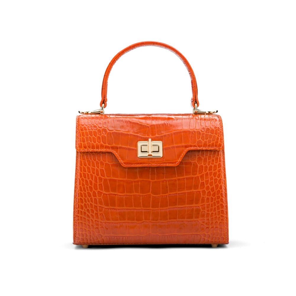 Mini leather Morgan Bag, top handle bag, orange croc, front view