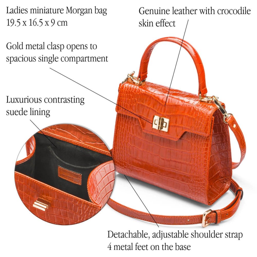 Mini leather Morgan Bag, top handle bag, orange croc, features