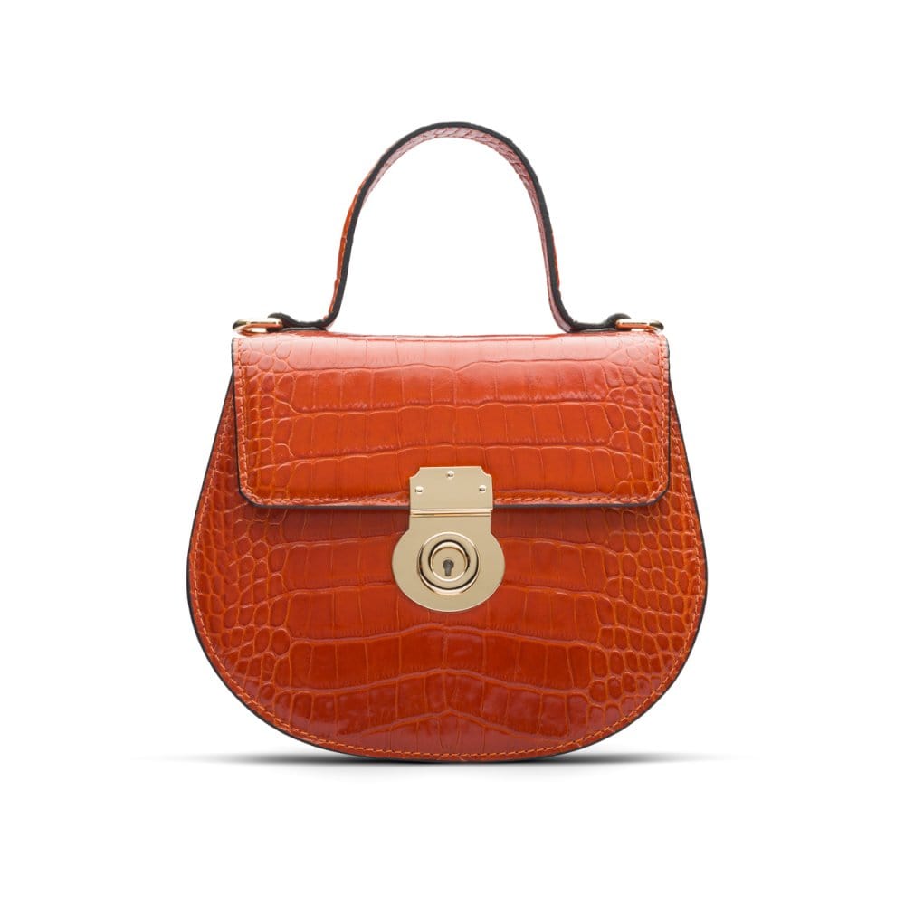Leather rounded bottom top handle bag, orange croc, front