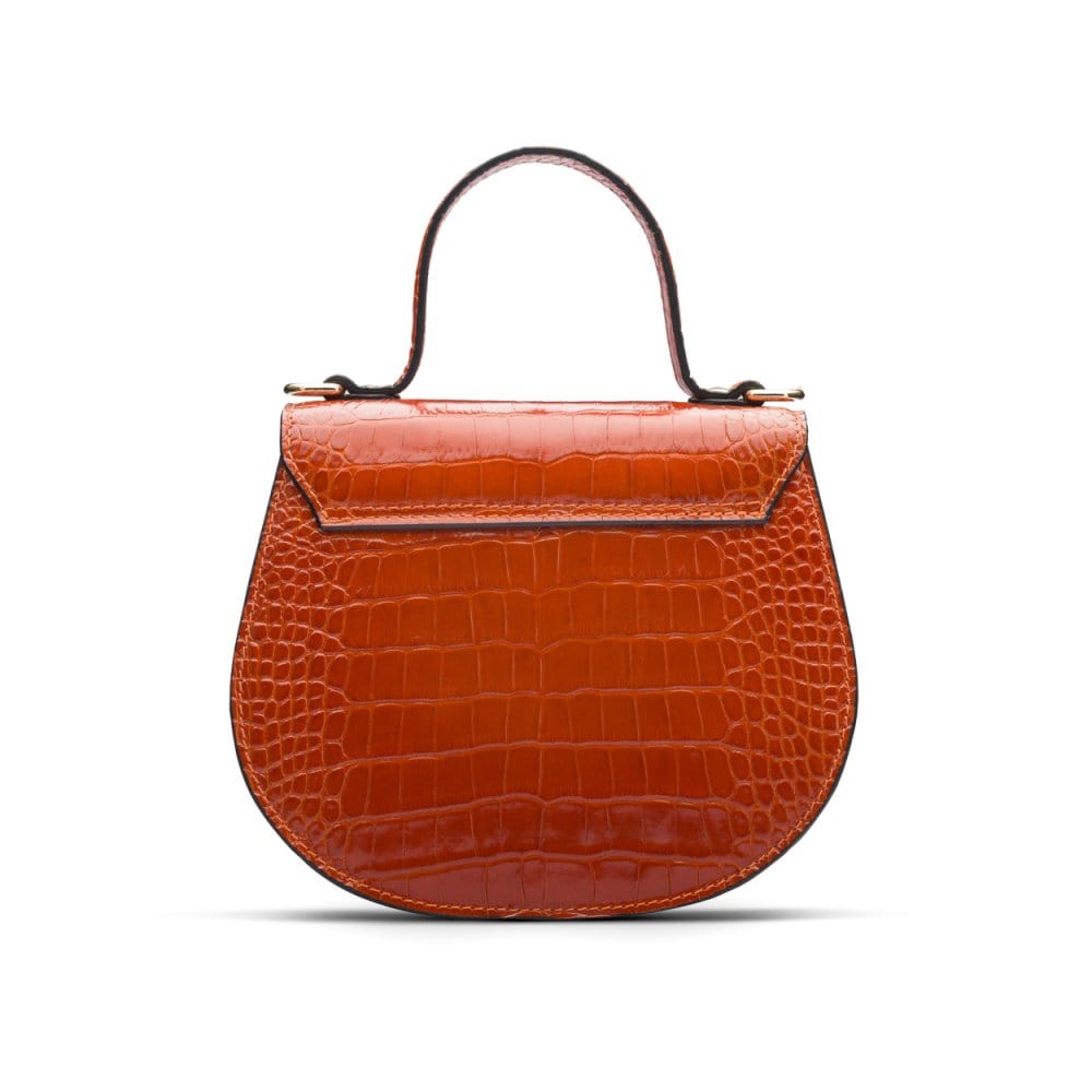 Leather rounded bottom top handle bag, orange croc, back