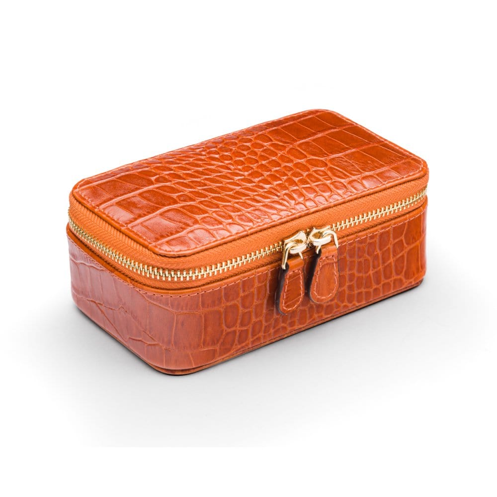 Zip around jewellery case, orange croc, front