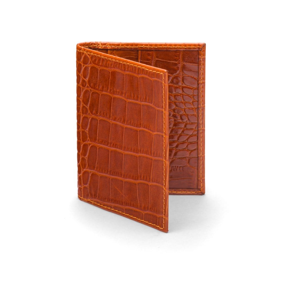 RFID leather credit card holder, orange croc, front view