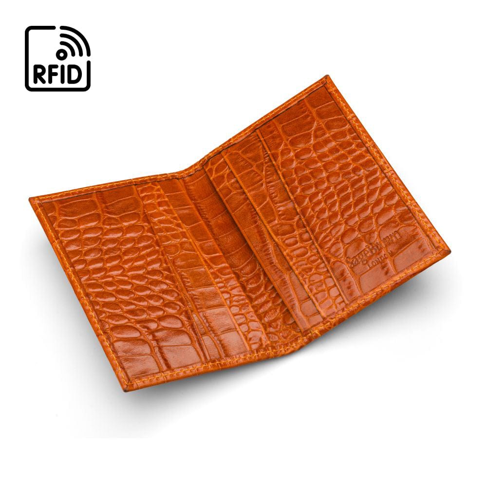 RFID leather credit card holder, orange croc, open view
