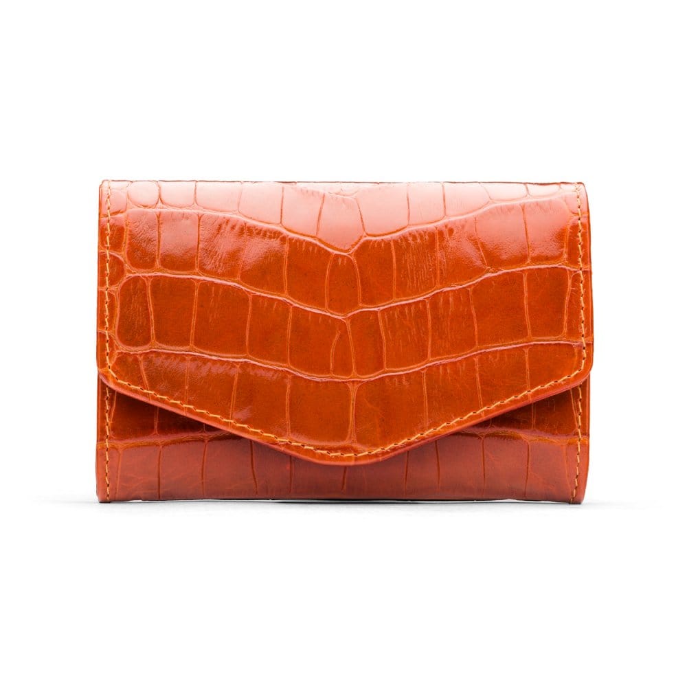 Small leather concertina purse, orange croc, front