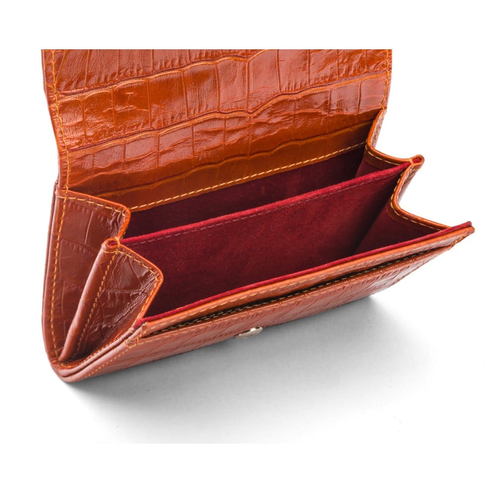 Small leather concertina purse, orange croc, inside