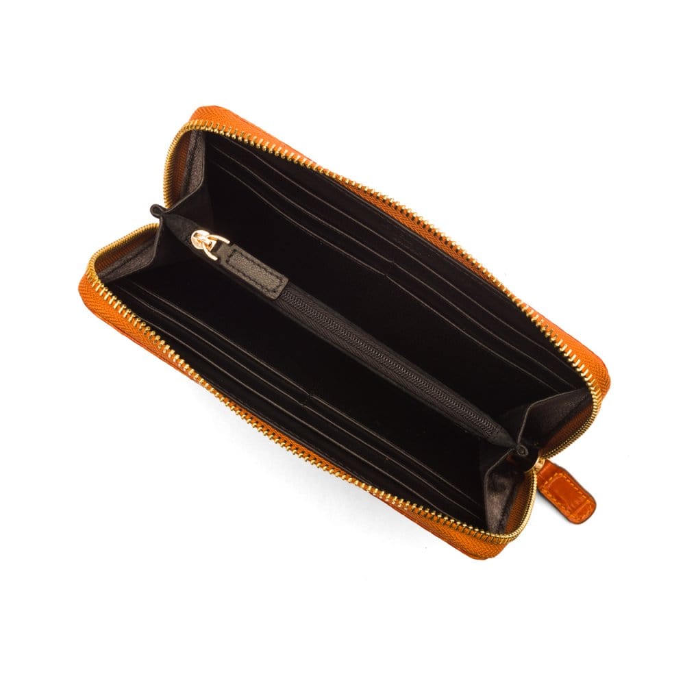Tall leather zip around accordion purse, orange croc,, inside