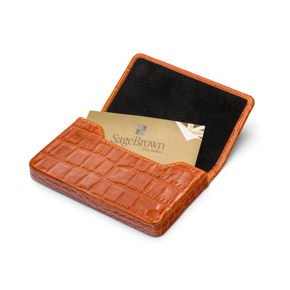 Leather business card holder with magnetic closure, orange croc, inside
