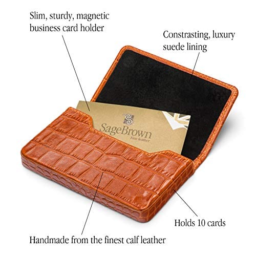 Leather business card holder with magnetic closure, orange croc, features