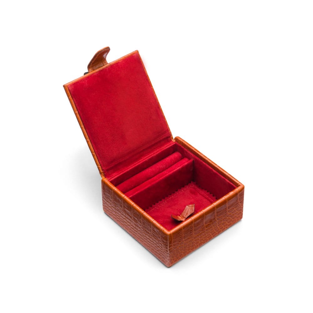Compact leather jewellery box, orange croc, inside