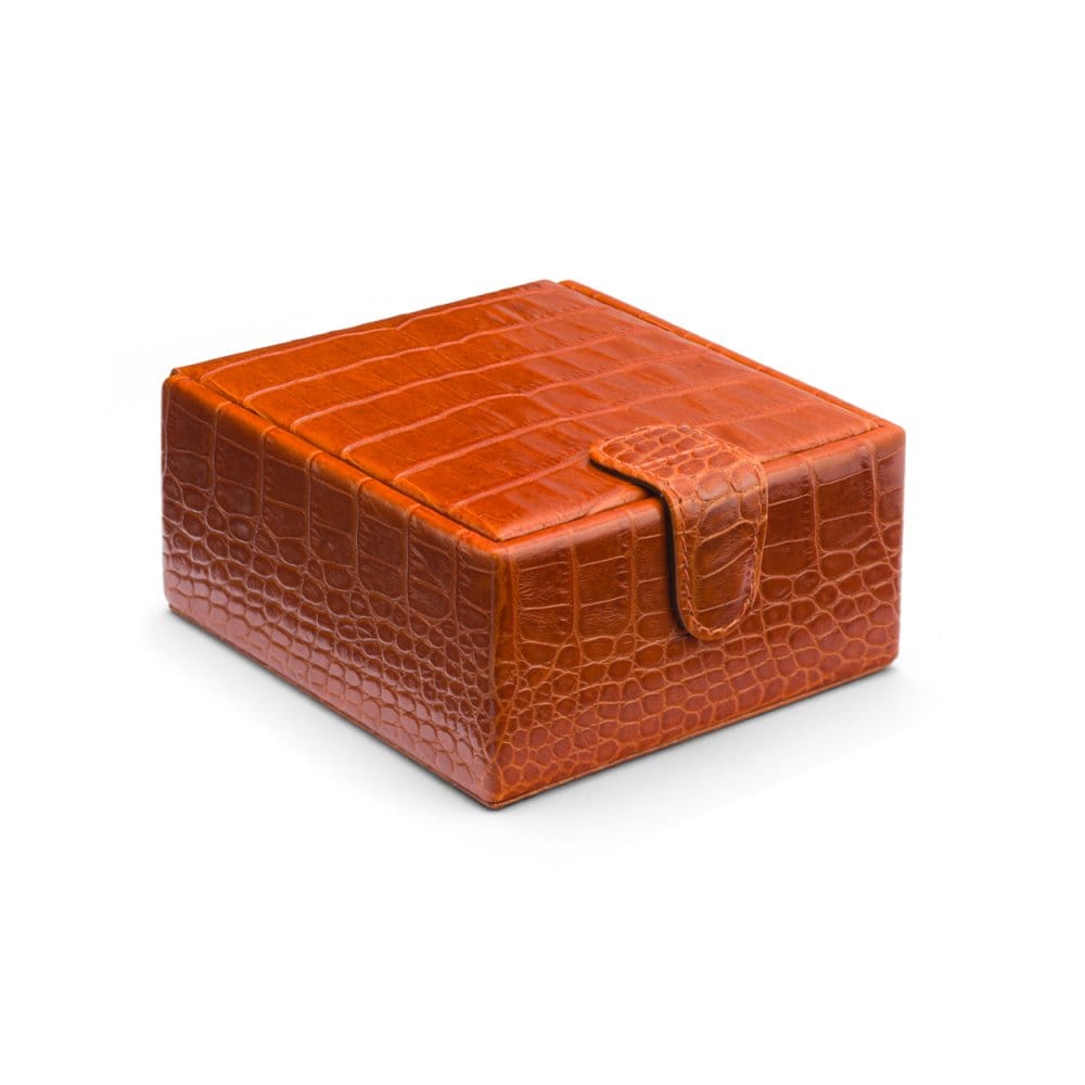 Compact leather jewellery box, orange croc, front