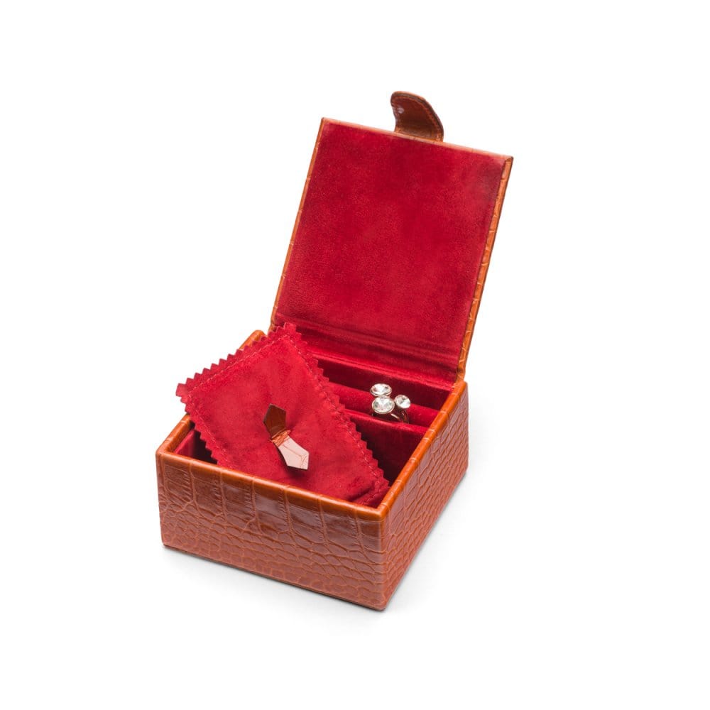 Compact leather jewellery box, orange croc, open